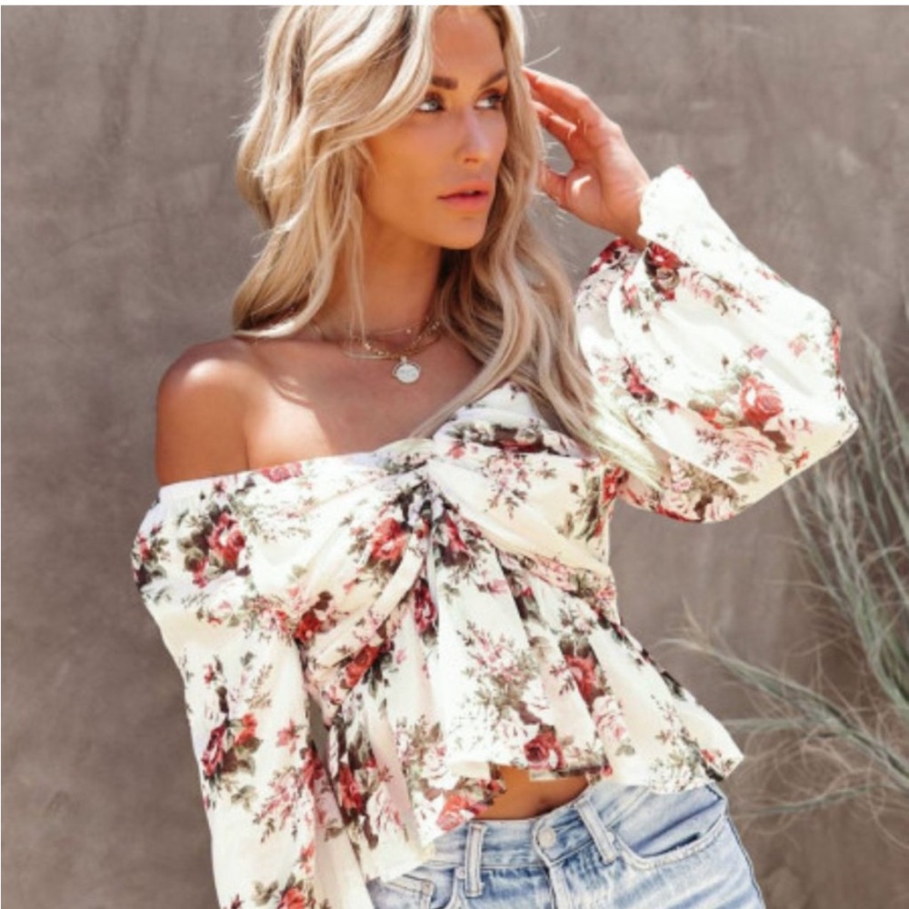 GIVE YOU MY HEART CREAM FLORAL PEPLUM BLOUSE